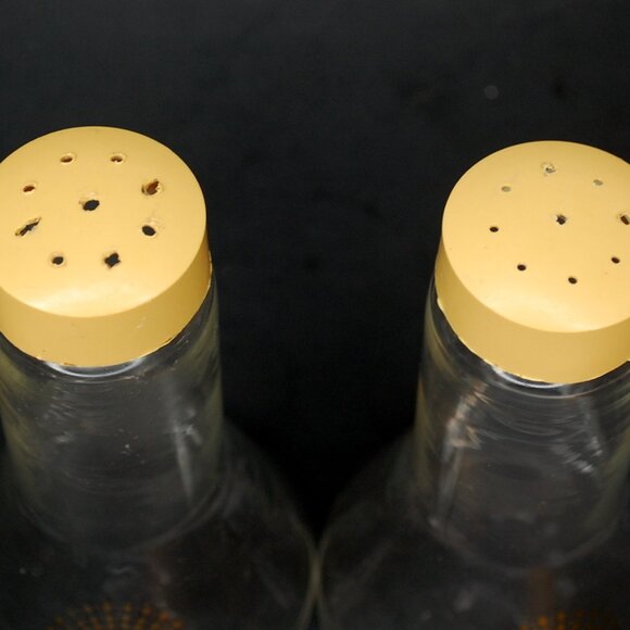 Salt & Pepper Sunburst Vintage Pyrex Atomic Clear Glass Shakers Gold MCM - Picture 4 of 7